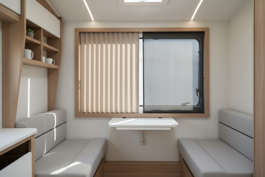 "Modern caravan interior with dual-wing pleated curtain and screen system, one side showing curtain, other side showing insect screen, compact space-saving design, bright daylight, minimalist tiny house decor, professional product photography, high resolution"