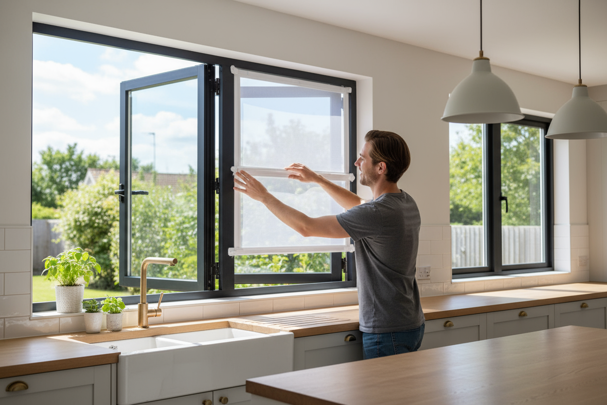 "Modern kitchen window with clip-on tool-free mosquito screen, person easily installing screen by hand, no drilling required, bright sunny day, contemporary home interior, DIY-friendly design, professional product photography, high resolution"