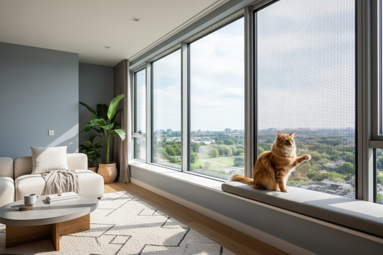 "Modern living room with large window, pet-resistant mesh screen installed on window frame, cat sitting safely by window looking outside, bright natural daylight, contemporary interior design, cozy home atmosphere, professional product photography, 8k resolution"