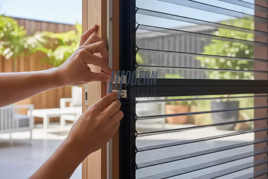 Modern patio entrance with tool-free pleated insect screen, sleek accordion design, person installing easily by hand, sunny afternoon, minimalist home design, practical DIY solution, lifestyle shot, 8k quality" takma mekanizma yakından görünsün