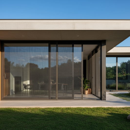 raylı bir sineklik güzel bir eve uygulanmış güneşli bir günde fotoğrafı çekilmiş