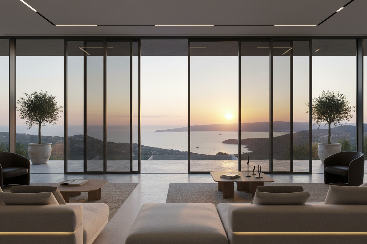 A wide-angle landscape photograph of a luxurious, modern living room with expansive floor-to-ceiling glass walls opening onto a terrace. A sleek, multi-panel (anthracite grey aluminum) sliding insect screen system, the "Raylı Sineklik," is installed across the entire width. One large screen panel is partially slid open, revealing a stunning unobstructed panoramic coastal view at sunset. The dark fiberglass mesh is almost transparent. High-end contemporary furniture, warm cinematic lighting. The focus is on 