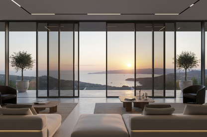 A wide-angle landscape photograph of a luxurious, modern living room with expansive floor-to-ceiling glass walls opening onto a terrace. A sleek, multi-panel (anthracite grey aluminum) sliding insect screen system, the "Raylı Sineklik," is installed across the entire width. One large screen panel is partially slid open, revealing a stunning unobstructed panoramic coastal view at sunset. The dark fiberglass mesh is almost transparent. High-end contemporary furniture, warm cinematic lighting. The focus is on 