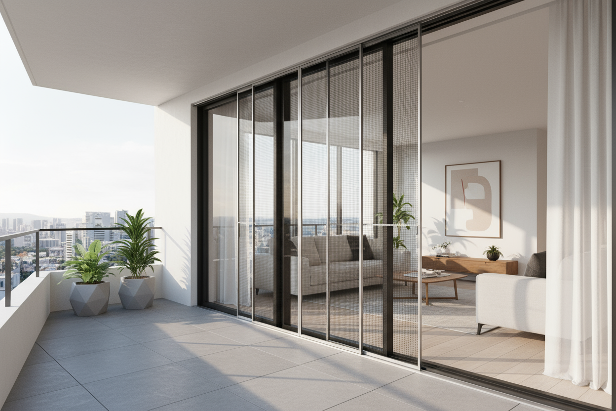 "Modern balcony with sliding rail mosquito screen system, bright summer day, contemporary apartment interior, natural daylight, sleek aluminum tracks, minimalist design, lifestyle product photography, high resolution"