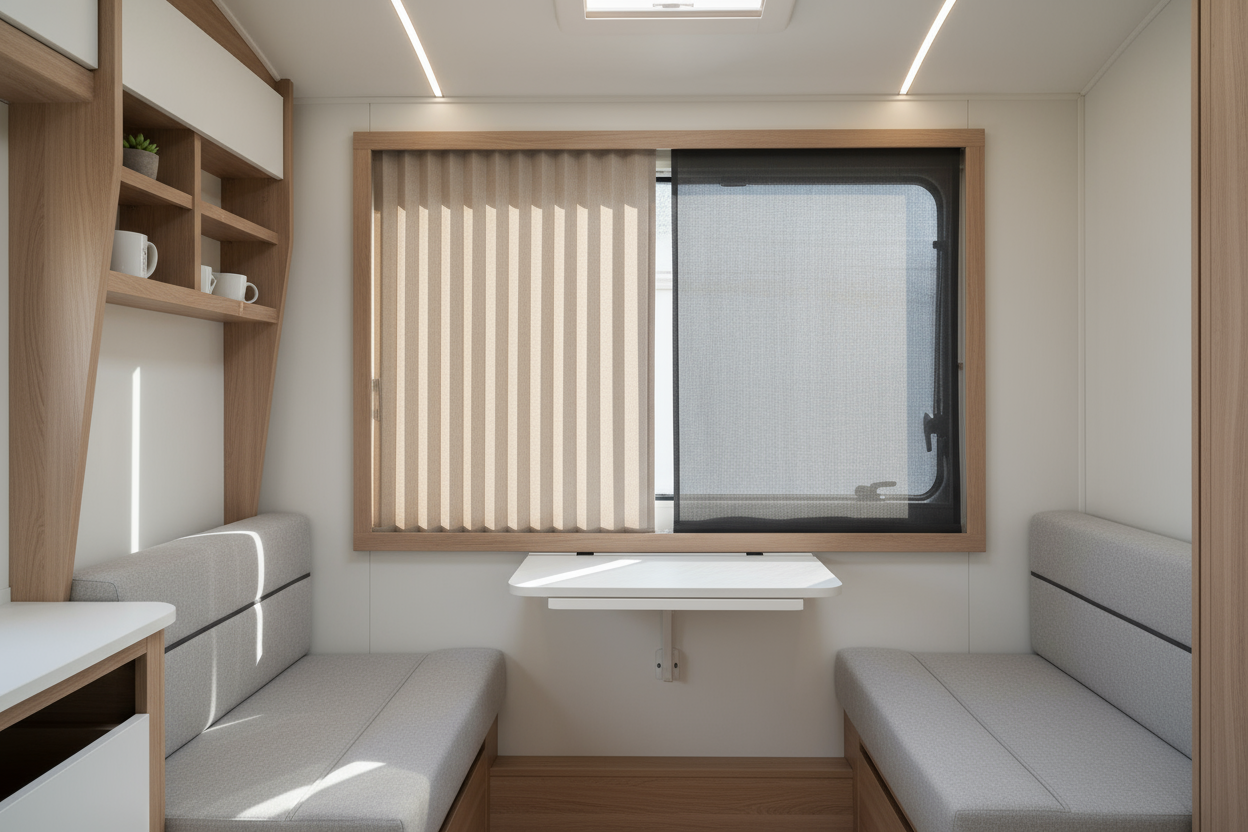 "Modern caravan interior with dual-wing pleated curtain and screen system, one side showing curtain, other side showing insect screen, compact space-saving design, bright daylight, minimalist tiny house decor, professional product photography, high resolution"