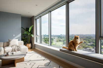 "Modern living room with large window, pet-resistant mesh screen installed on window frame, cat sitting safely by window looking outside, bright natural daylight, contemporary interior design, cozy home atmosphere, professional product photography, 8k resolution"