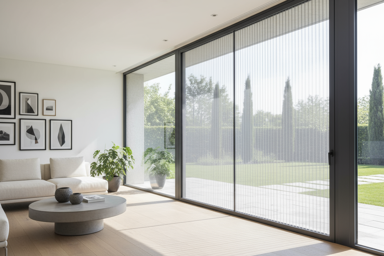 "Stylish modern home with pleated accordion mosquito screen on large window, elegant zigzag design, vertical operation, bright natural daylight, contemporary interior decor, aluminum frame in anthracite gray, professional photography, high resolution"