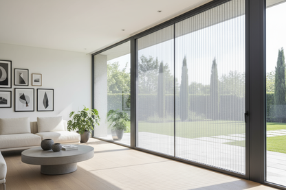 "Stylish modern home with pleated accordion mosquito screen on large window, elegant zigzag design, vertical operation, bright natural daylight, contemporary interior decor, aluminum frame in anthracite gray, professional photography, high resolution"